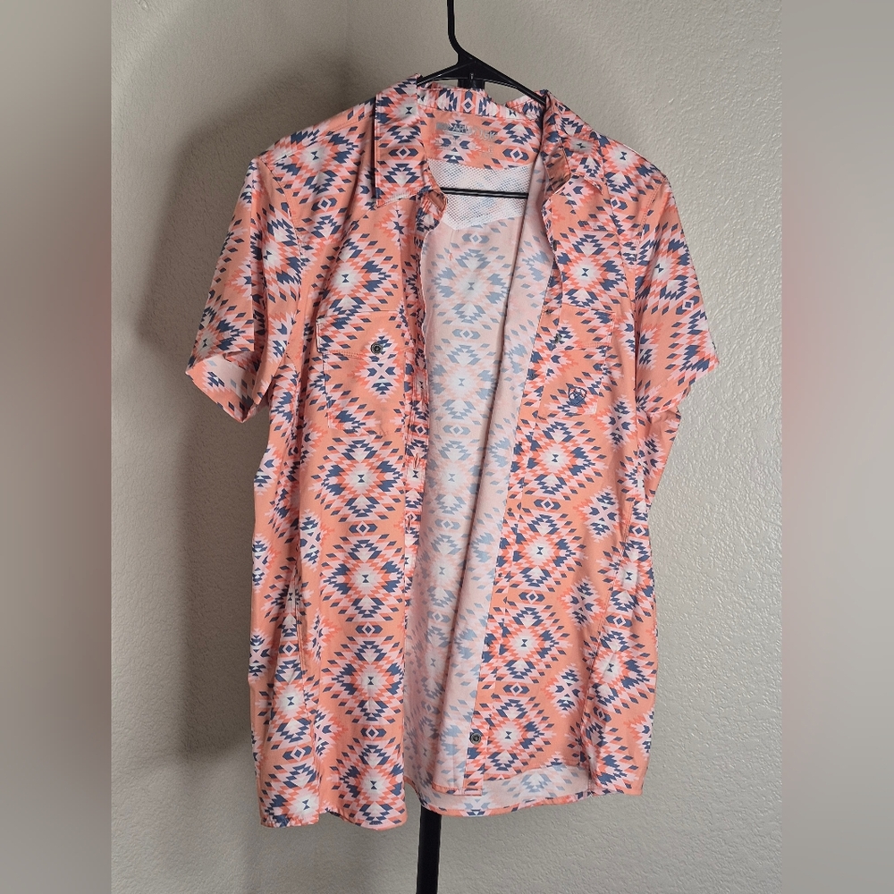 Ariat Tek Geometric Print Shirt - Coral and Navy